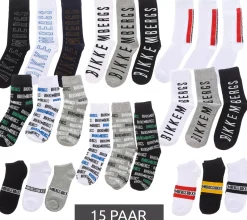 Strümpfe & Socken|Unterwäsche & Socken*BIKKEMBERGS 15 Paar Herren Tennis-Socken mit Marken Schriftzug Baumwoll-Strümpfe im Sparpack Weiß/Schwarz/Grau/Blau