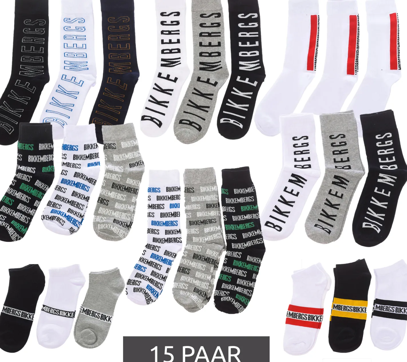 Strümpfe & Socken|Unterwäsche & Socken*BIKKEMBERGS 15 Paar Herren Tennis-Socken mit Marken Schriftzug Baumwoll-Strümpfe im Sparpack Weiß/Schwarz/Grau/Blau