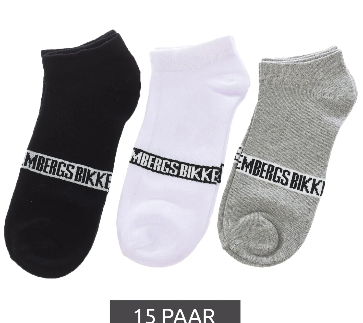Strümpfe & Socken|Unterwäsche & Socken*BIKKEMBERGS 15 Paar Herren Tennis-Socken mit Marken Schriftzug Baumwoll-Strümpfe im Sparpack Weiß/Schwarz/Grau/Blau