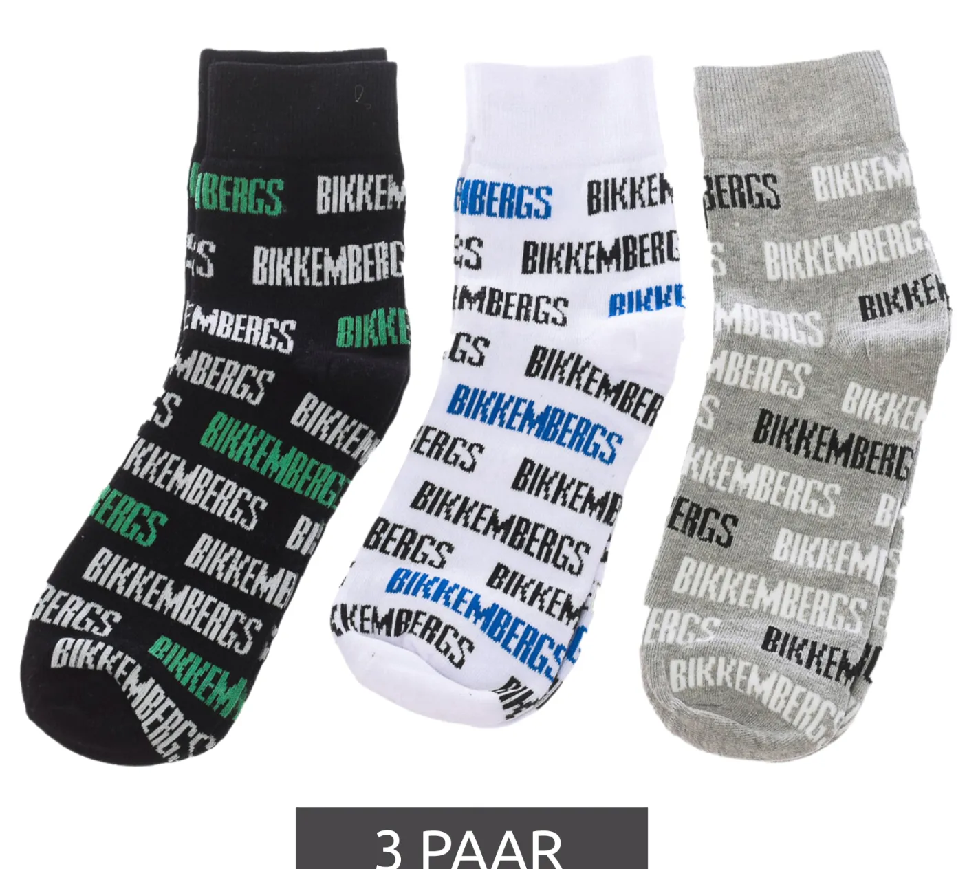 Strümpfe & Socken|Unterwäsche & Socken*BIKKEMBERGS 3 Paar Surtido Herren Sport-Socken mit Allover Marken-Print Baumwoll-Strümpfe BF_038 Weiß/Schwarz/Grau