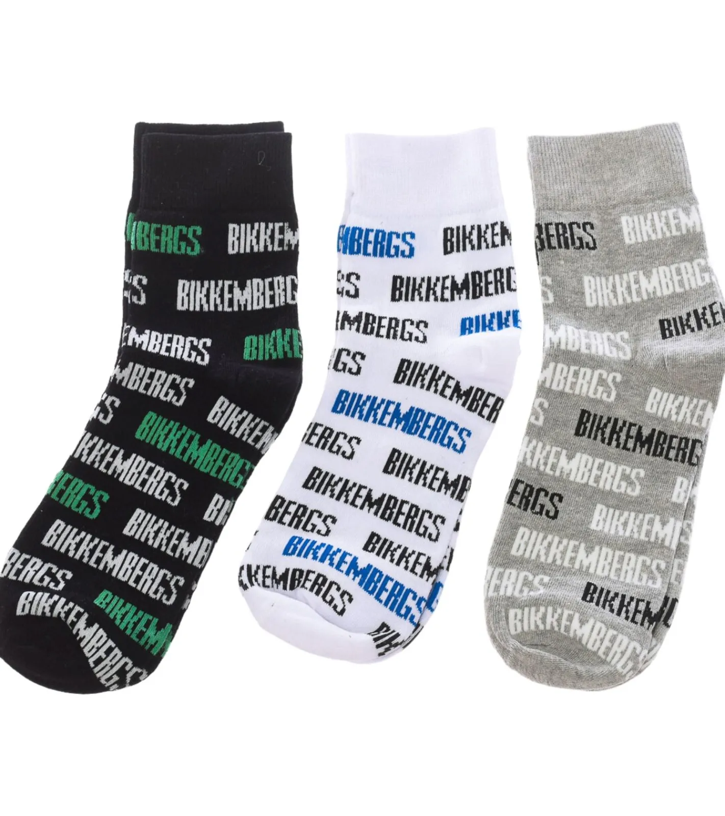 Strümpfe & Socken|Unterwäsche & Socken*BIKKEMBERGS 3 Paar Surtido Herren Sport-Socken mit Allover Marken-Print Baumwoll-Strümpfe BF_038 Weiß/Schwarz/Grau