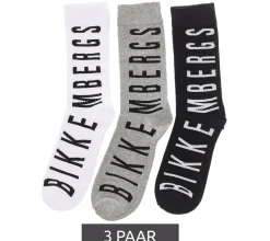 Strümpfe & Socken|Unterwäsche & Socken*BIKKEMBERGS 3 Paar Surtido Herren Tennis-Socken mit großem Schriftzug Baumwoll-Strümpfe BK_014 Schwarz/Grau/Weiß