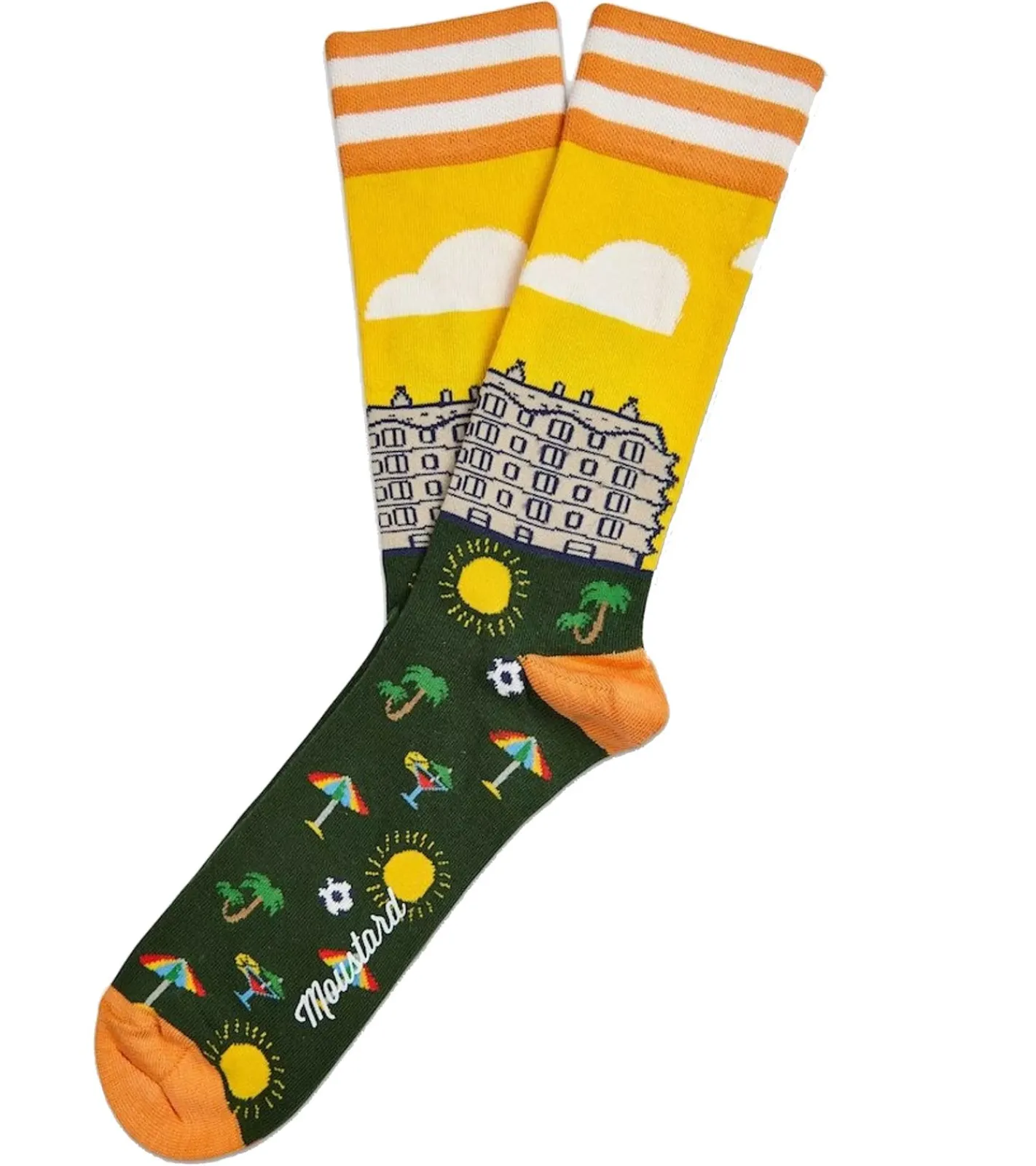 Strümpfe & Socken|Unterwäsche & Socken*Moustard 6 Paar Barcelona Herren Baumwoll-Socken mit Skyline von Barcelona Allover-Print gestreifte und gemusterte lange Strümpfe 17S-BCN Grün/Orange/Gelb