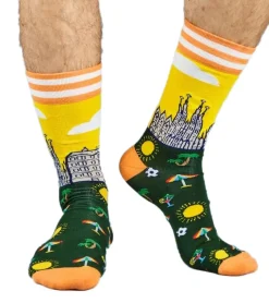 Strümpfe & Socken|Unterwäsche & Socken*Moustard 1 Paar Barcelona Herren Baumwoll-Socken mit Skyline von Barcelona Allover-Print gestreifte und gemusterte lange Strümpfe 17S-BCN Grün/Orange/Gelb