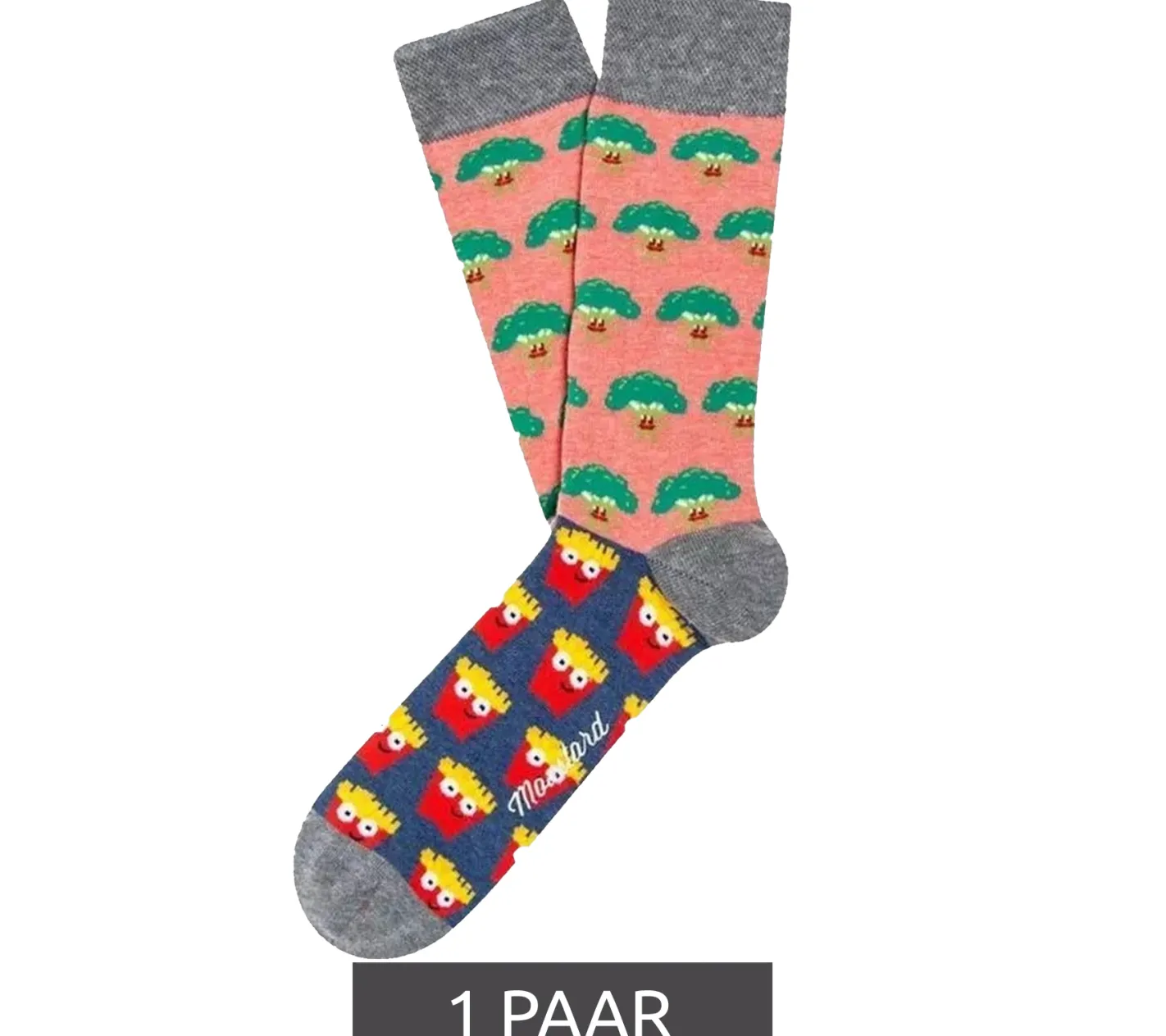 Strümpfe & Socken|Unterwäsche & Socken*Moustard 1 Paar Broccoli vs Fries Herren Baumwoll-Socken mit Pommes und Brokkoli Allover-Print gemusterte lange Strümpfe 18S-BROC Grau/Rosa/Gelb