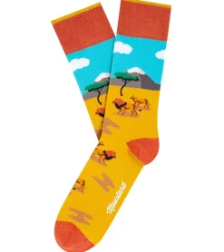 Strümpfe & Socken|Socken & Unterwäsche*Moustard 6 Paar Lion Baumwoll-Socken mit Löwen in der Steppe gemusterte lange Strümpfe 19S-LION Gelb/Blau/Orange