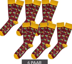 Strümpfe & Socken|Unterwäsche & Socken*Moustard 6 Paar Mardi Grass Herren Baumwoll-Socken mit Harlekin und Narrenkappen Allover-Print gemusterte lange Strümpfe 17S-MGRASS-M Gelb/Dunkelrot/Gelb
