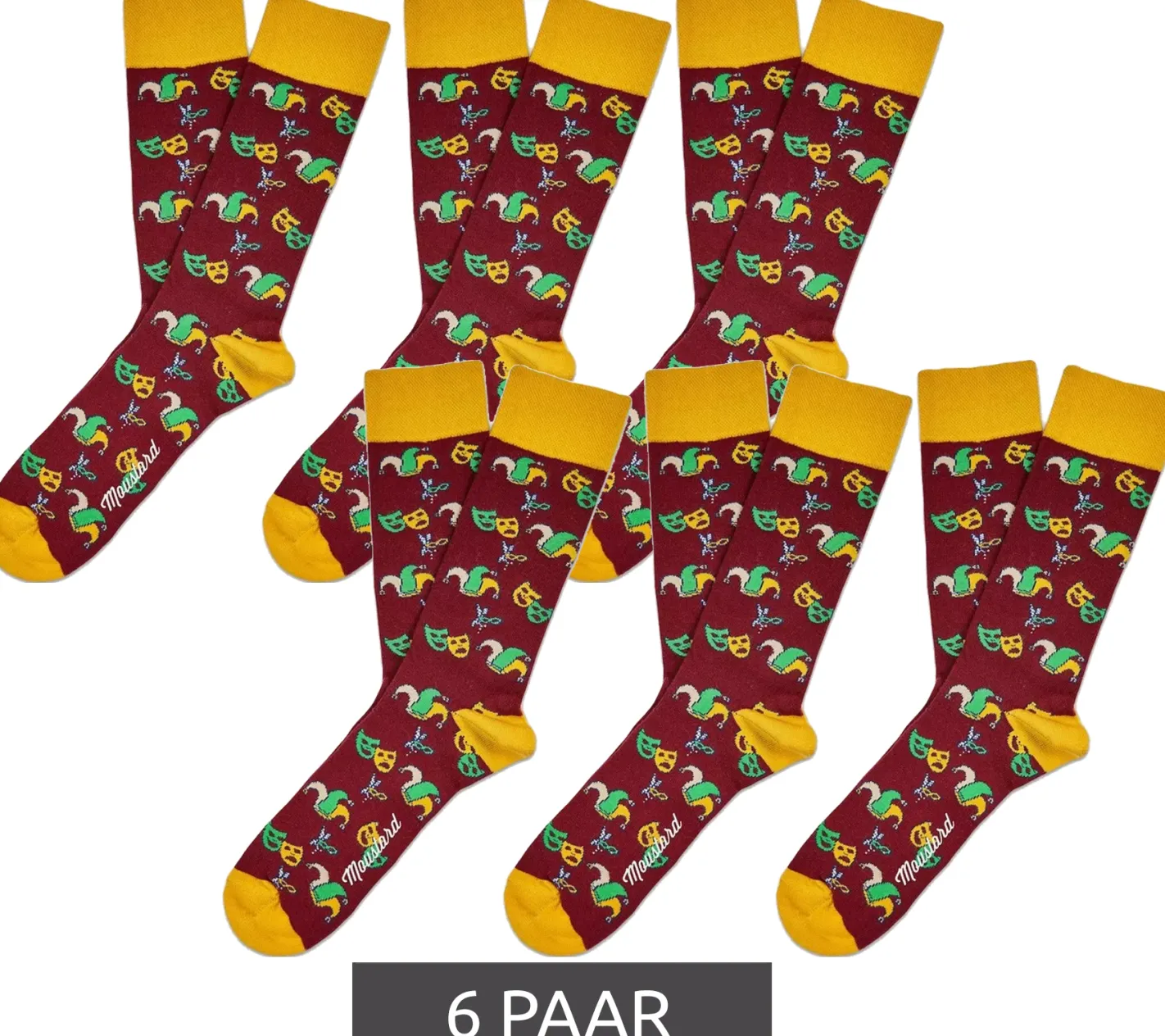 Strümpfe & Socken|Unterwäsche & Socken*Moustard 6 Paar Mardi Grass Herren Baumwoll-Socken mit Harlekin und Narrenkappen Allover-Print gemusterte lange Strümpfe 17S-MGRASS-M Gelb/Dunkelrot/Gelb