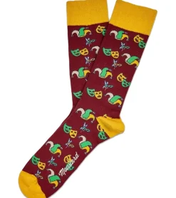 Strümpfe & Socken|Unterwäsche & Socken*Moustard 6 Paar Mardi Grass Herren Baumwoll-Socken mit Harlekin und Narrenkappen Allover-Print gemusterte lange Strümpfe 17S-MGRASS-M Gelb/Dunkelrot/Gelb