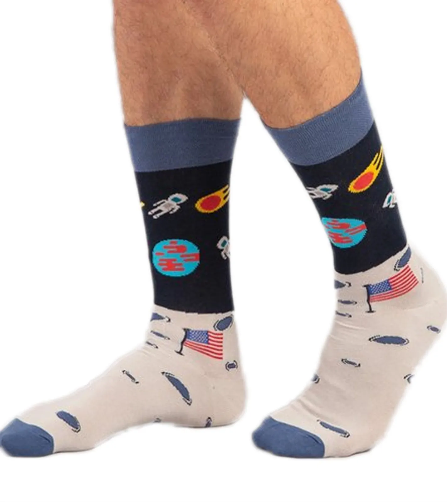 Strümpfe & Socken|Unterwäsche & Socken*Moustard 6 Paar Moon Landing Astronaut Herren Baumwoll-Socken mit Weltraum Print gemusterte lange Strümpfe 17S-MOON Hellblau/Grau