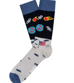 Strümpfe & Socken|Unterwäsche & Socken*Moustard 6 Paar Moon Landing Astronaut Herren Baumwoll-Socken mit Weltraum Print gemusterte lange Strümpfe 17S-MOON Hellblau/Grau