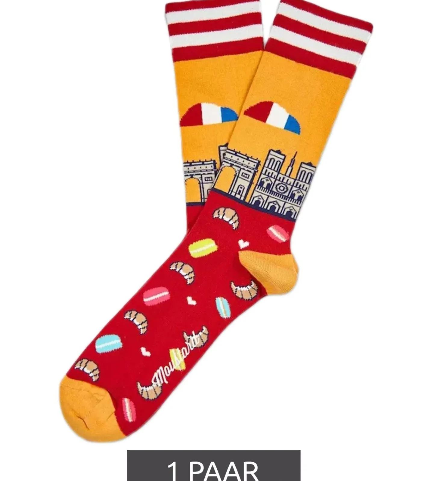 Strümpfe & Socken|Unterwäsche & Socken*Moustard 1 Paar Paris Herren Baumwoll-Socken mit Skyline von Paris Allover-Print gestreifte und gemusterte lange Strümpfe 17S-PARIS Rot/Gelb/Weiß