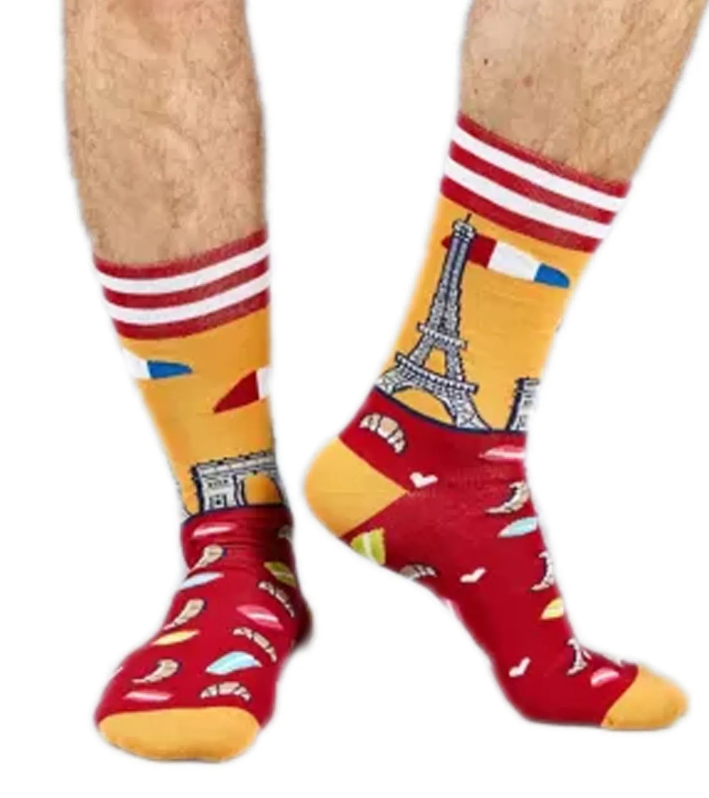 Strümpfe & Socken|Unterwäsche & Socken*Moustard 1 Paar Paris Herren Baumwoll-Socken mit Skyline von Paris Allover-Print gestreifte und gemusterte lange Strümpfe 17S-PARIS Rot/Gelb/Weiß