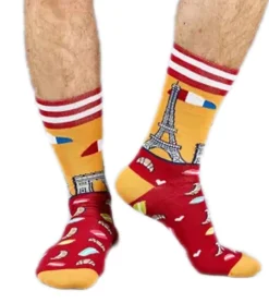 Strümpfe & Socken|Unterwäsche & Socken*Moustard 6 Paar Paris Herren Baumwoll-Socken mit Skyline von Paris Allover-Print gestreifte und gemusterte lange Strümpfe 17S-PARIS Rot/Gelb/Weiß