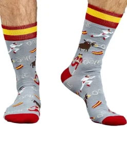 Strümpfe & Socken|Kinder-Unterwäsche*Moustard 6 Paar San Fermin Baumwoll-Socken mit Stierkampf-Symbolen und Spanien-Flagge am Bund gemusterte lange Strümpfe 17SSFER Grau/Rot/Gelb