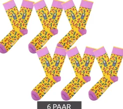 Strümpfe & Socken|Socken & Unterwäsche*Moustard 6 Paar Tetris Baumwoll-Socken mit Allover-Print im Retro-Gameplay Design gemusterte lange Strümpfe 22S-TETRIS Gelb/Blau/Rosa/Lila