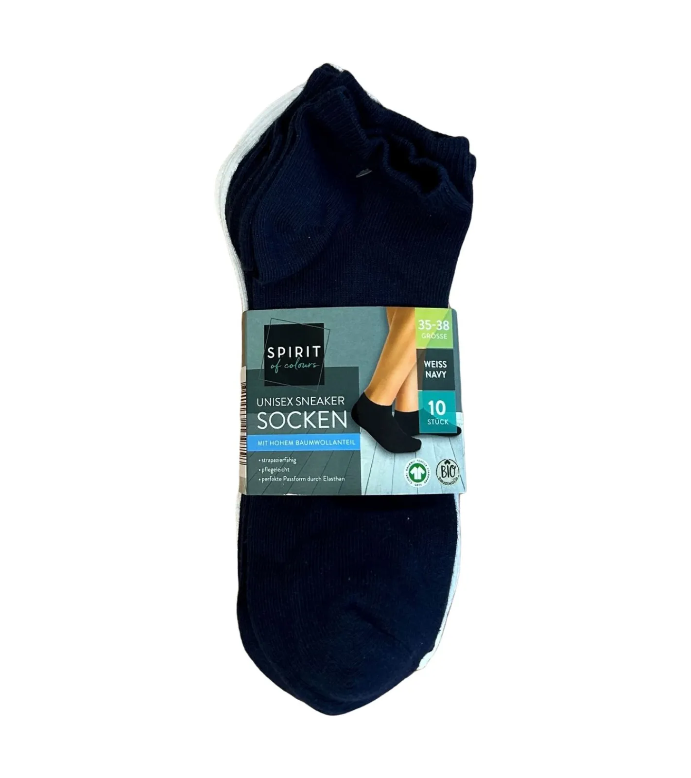 Strümpfe & Socken|Socken & Unterwäsche*spirit of colours 10 Paar nachhaltige Sneaker-Socken OEKO-TEX Standard 100 zertifiziert bequeme Strümpfe aus Bio-Baumwolle Weiß/Navy