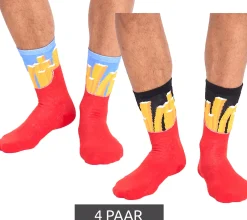 Strümpfe & Socken|Socken & Unterwäsche*TASTIQ 4 Paar Baumwoll-Socken mit Pommes-Print lange Strümpfe in stylischer Pommestüten-Geschenkbox TAS/1/CSX2/FRI Rot/Gelb/Schwarz/Hellblau