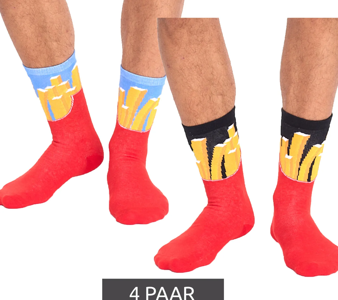 Strümpfe & Socken|Socken & Unterwäsche*TASTIQ 4 Paar Baumwoll-Socken mit Pommes-Print lange Strümpfe in stylischer Pommestüten-Geschenkbox TAS/1/CSX2/FRI Rot/Gelb/Schwarz/Hellblau