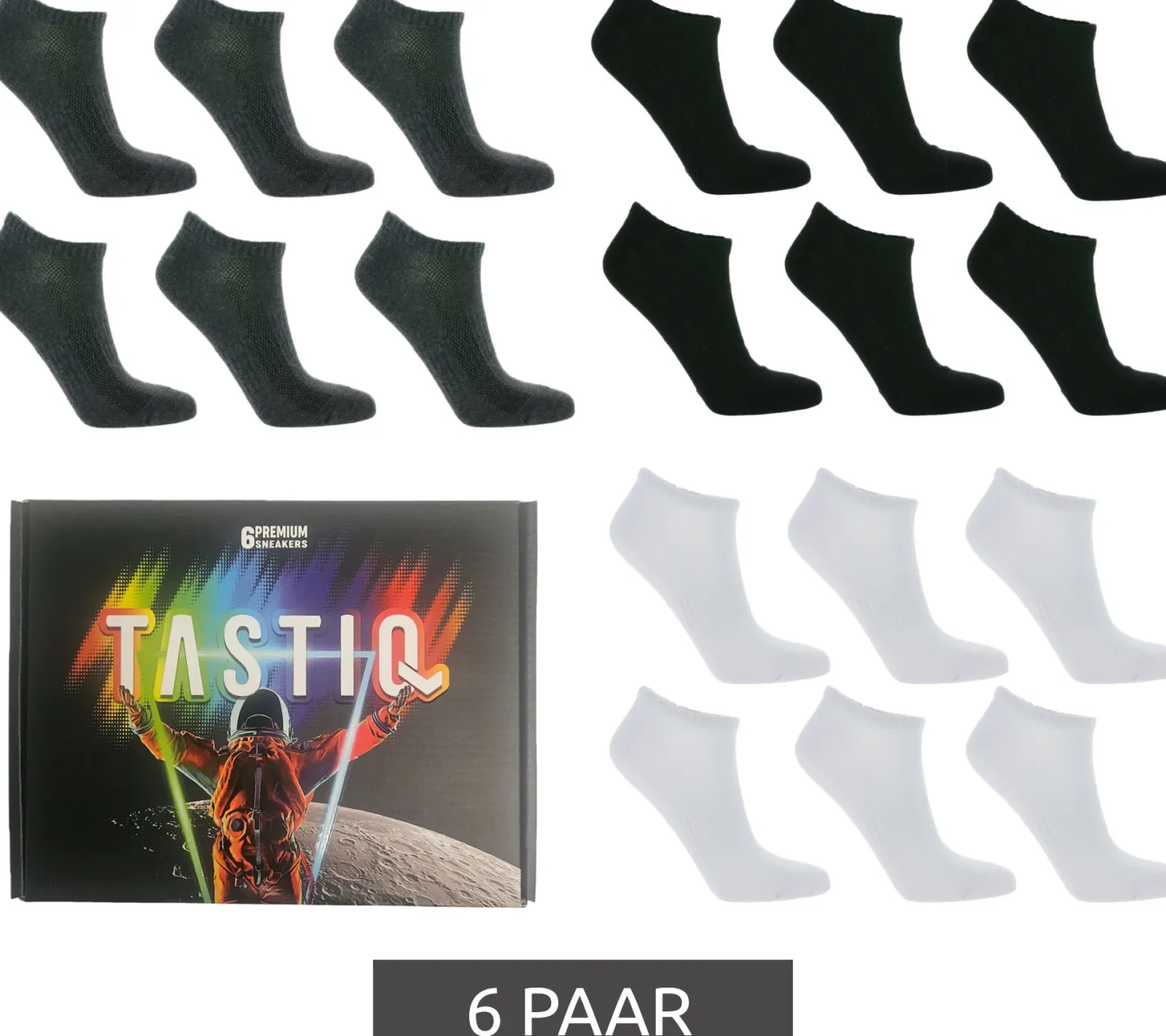 Strümpfe & Socken|Socken & Unterwäsche*TASTIQ 6 Paar Sneaker-Socken schlichte Baumwoll-Socken in Geschenkbox Sport-Socken Schwarz, Grau oder Weiß