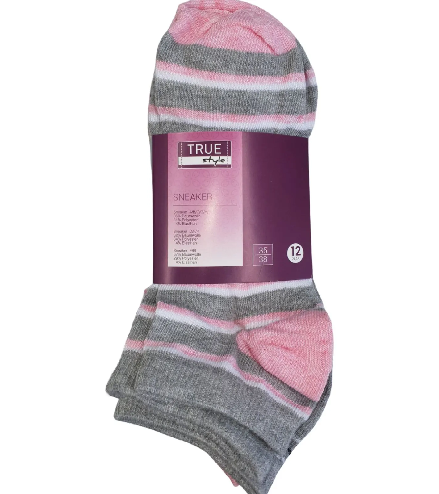Strümpfe & Socken|Kinder-Unterwäsche*TRUE style 36 Paar Baumwoll-Strümpfe mit Komfortbund nachhaltige Sneaker-Socken mit verschiedenen Mustern Pink, Blau oder Schwarz Schwarz/Grau/Blau