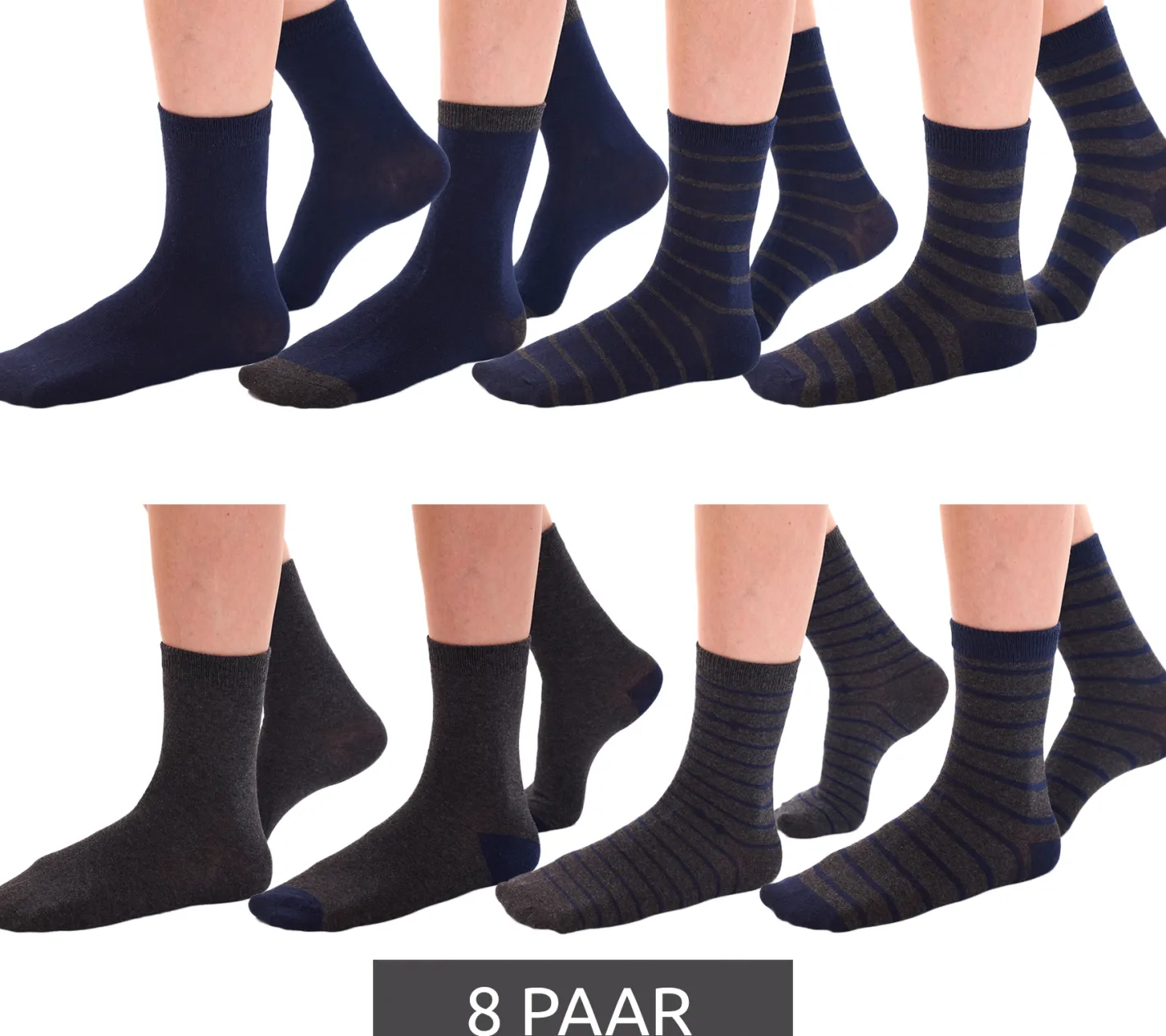 Strümpfe & Socken|Kinder-Unterwäsche*TRUE style 8 Paar Baumwoll-Strümpfe mit Komfortbund nachhaltige Business-Socken im Crew-Style verschiedene Muster Navy/Grau