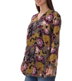 Poloshirts & Blusen*ADIA Damen Bluse modische Sommer-Bluse mit Blumen-Print Langarm-Shirt 67009862 Grau/Schwarz/Gelb