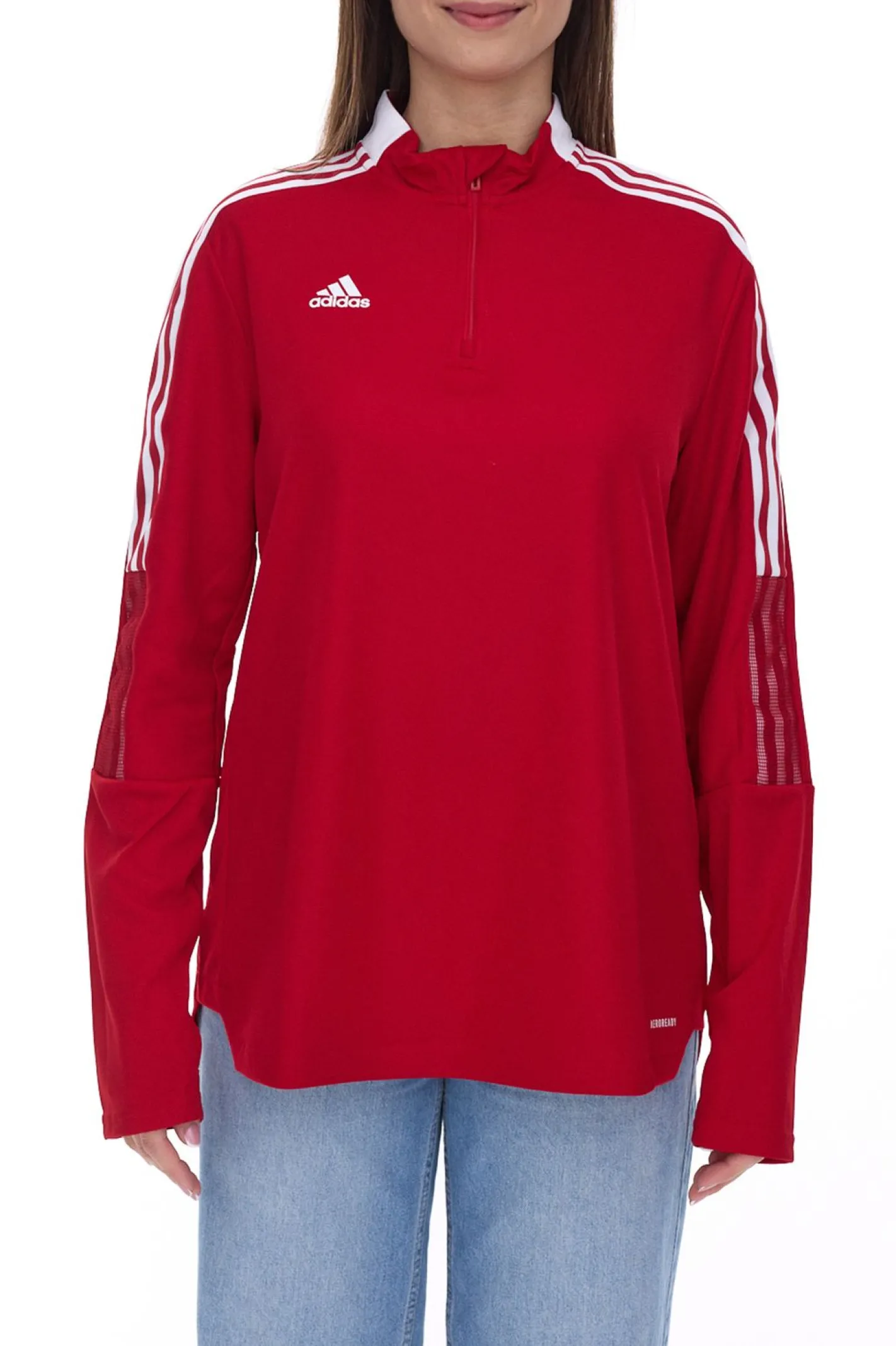 Sportoberbekleidung|Fitnessmode & Jogginghosen*adidas Tiro21 Damen nachhaltiger Troyer-Pullover mit Logo Alltags-Pullover mit AEROREADY-Technologie GM7317 Rot