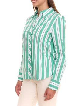 Poloshirts & Blusen*AjC Damen Bluse gestreiftes Langarm-Shirt Baumwolle mit kleinen Rüschen 36148235 Grün/Weiß