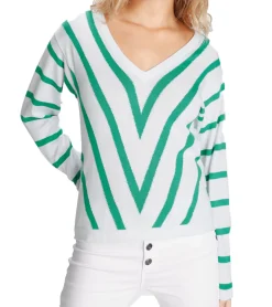 Sweater & Pullover*AjC Damen Feinstrick-Pullover V-Ausschnitt Shirt leichter Frühlings-Pulli 68170465 Weiß/Grün