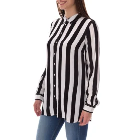 Poloshirts & Blusen*AjC Damen Hemd-Bluse gestreiftes Langarm-Hemd leichte Sommer-Bluse Freizeit-Bluse mit Knopfleiste 21945827 Weiß/Schwarz