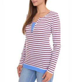 Tops & T-Shirts*AjC Damen Langarm-Shirt mit Spitze figurbetontes Baumwoll-Shirt 12726709 Weiß/Blau/Rot