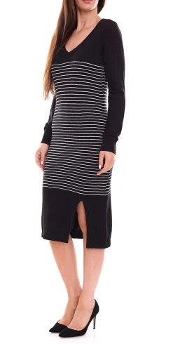 Sweater & Pullover|Kleider*AjC Damen Pullover-Kleid gestreift Midi-Kleid Strick-Kleid 52490724 Schwarz