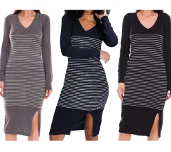 Kleider|Sweater & Pullover*AjC Damen Pullover-Kleid gestreift Midi-Kleid Strick-Kleid in Grau, Schwarz oder Blau
