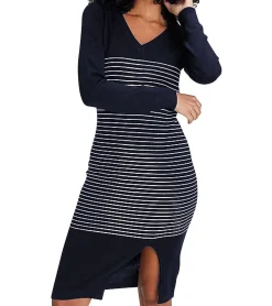 Kleider|Sweater & Pullover*AjC Damen Pullover-Kleid gestreift Midi-Kleid Strick-Kleid in Grau, Schwarz oder Blau