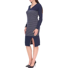 Kleider|Sweater & Pullover*AjC Damen Pullover-Kleid gestreift Midi-Kleid Strick-Kleid 10089317 Blau
