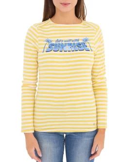 Sweater & Pullover*AjC Damen Shirt gestreiftes Langarm-Shirt Baumwolle mit Front-Print 67426709 Gelb/Weiß/Blau