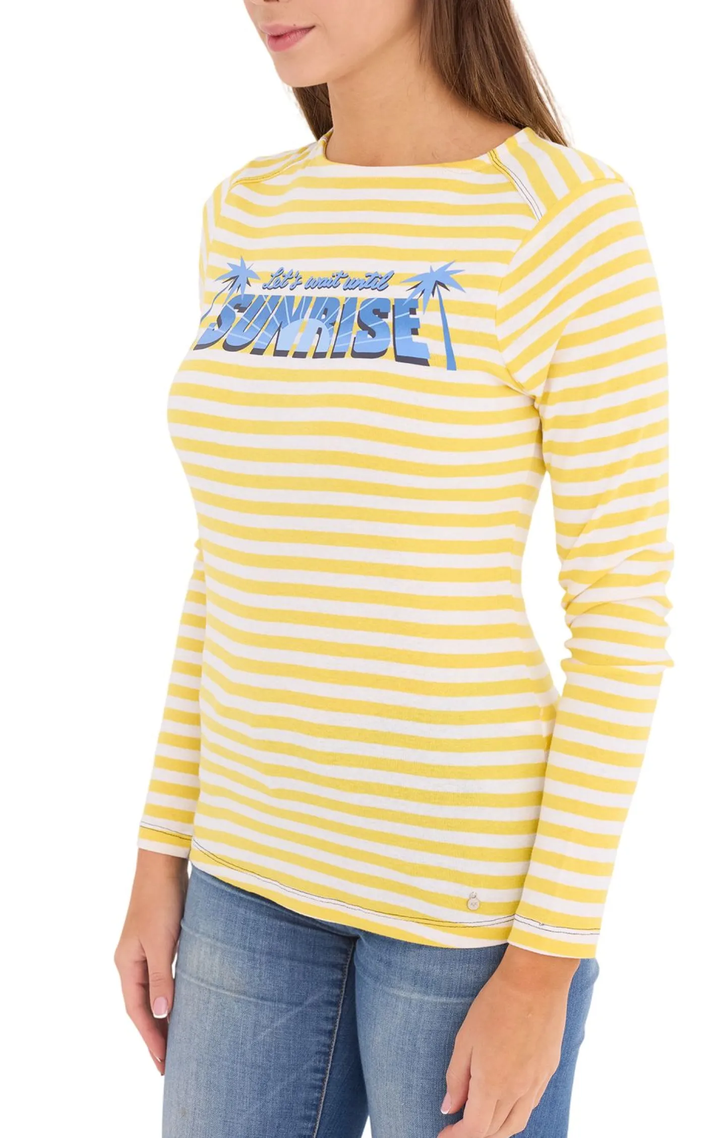 Sweater & Pullover*AjC Damen Shirt gestreiftes Langarm-Shirt Baumwolle mit Front-Print 67426709 Gelb/Weiß/Blau