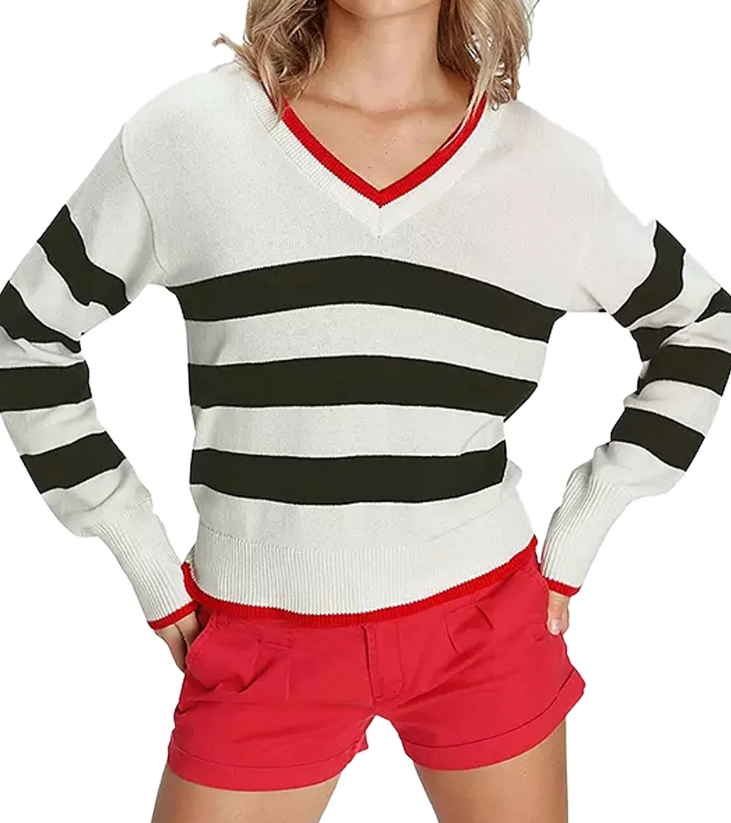 Sweater & Pullover*AjC Damen Strick-Pullover im College-Look Baumwoll-Pullover 89512917 Weiß/Schwarz