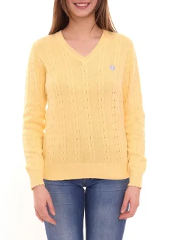 Sweater & Pullover*AjC Strick-Pullover Damen Zopfstrick-Pulli mit V-Ausschnitt Baumwolle 17566437 Gelb