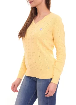 Sweater & Pullover*AjC Strick-Pullover Damen Zopfstrick-Pulli mit V-Ausschnitt Baumwolle 17566437 Gelb