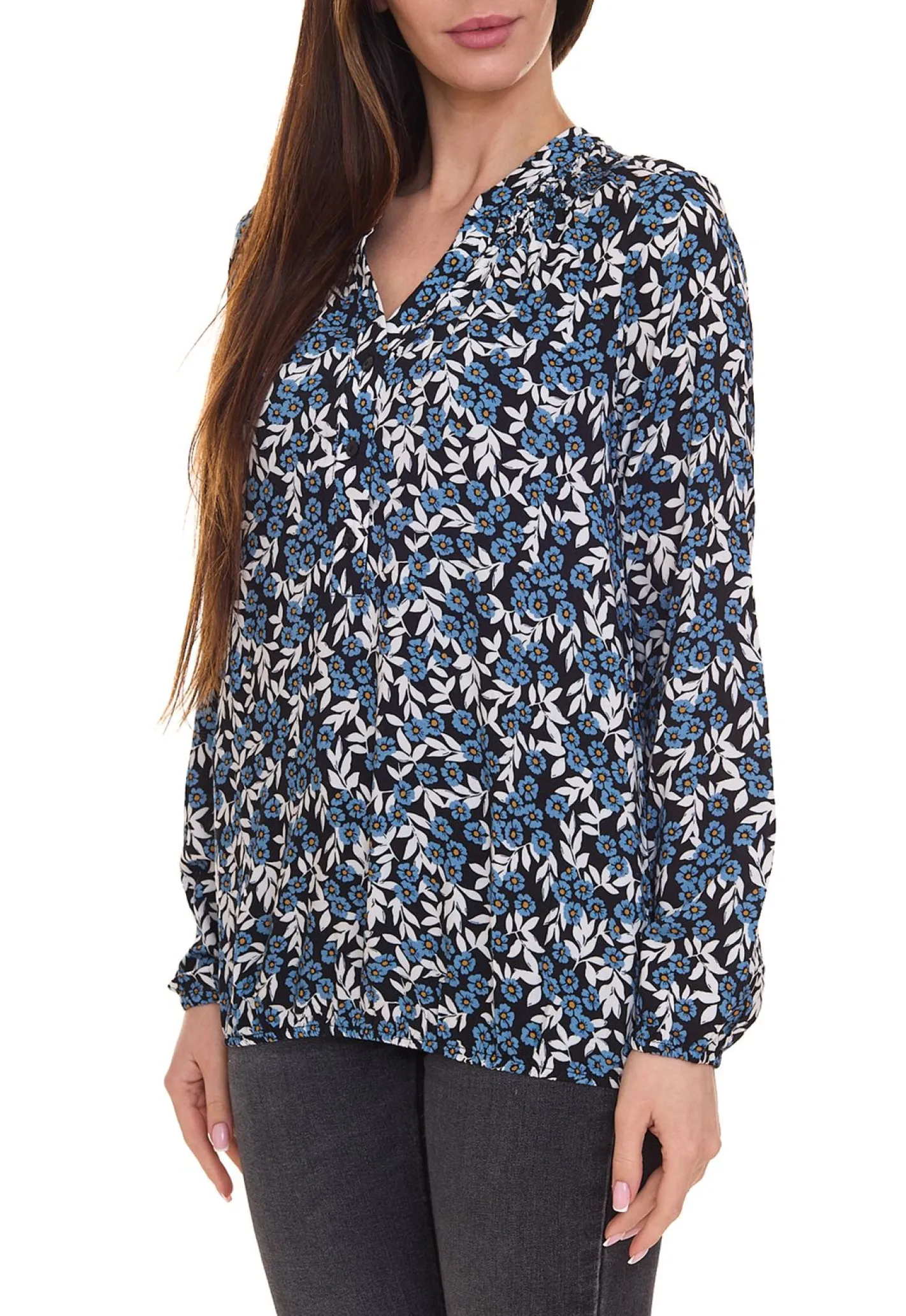 Poloshirts & Blusen*Aniston CASUAL Damen Langarm-Bluse mit Allover Blumen-Print 91054845 Blau