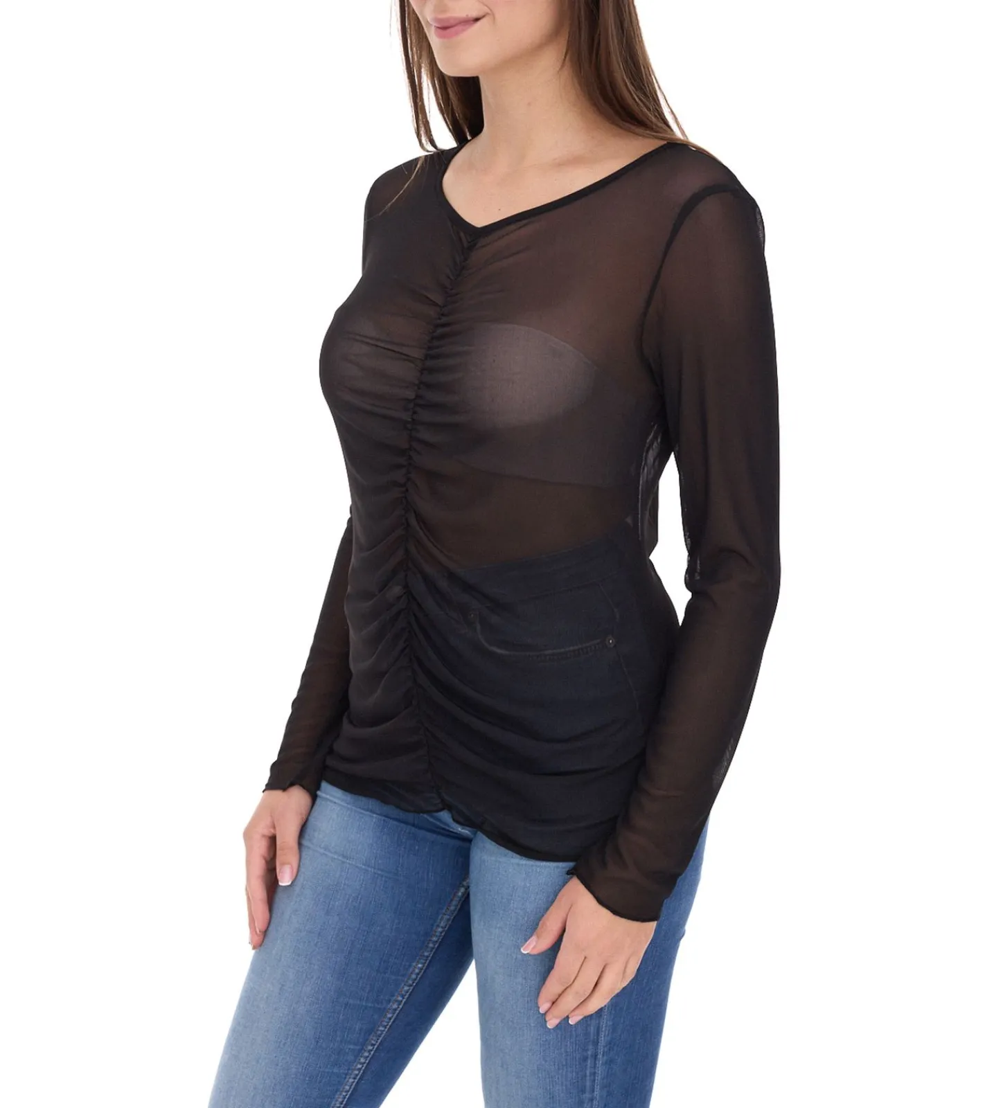 Sweater & Pullover*Aniston CASUAL Damen Langarm-Shirt durchsichtiger Alltags-Pullover mit V-Ausschnitt Sommer-Shirt 90880825 Schwarz