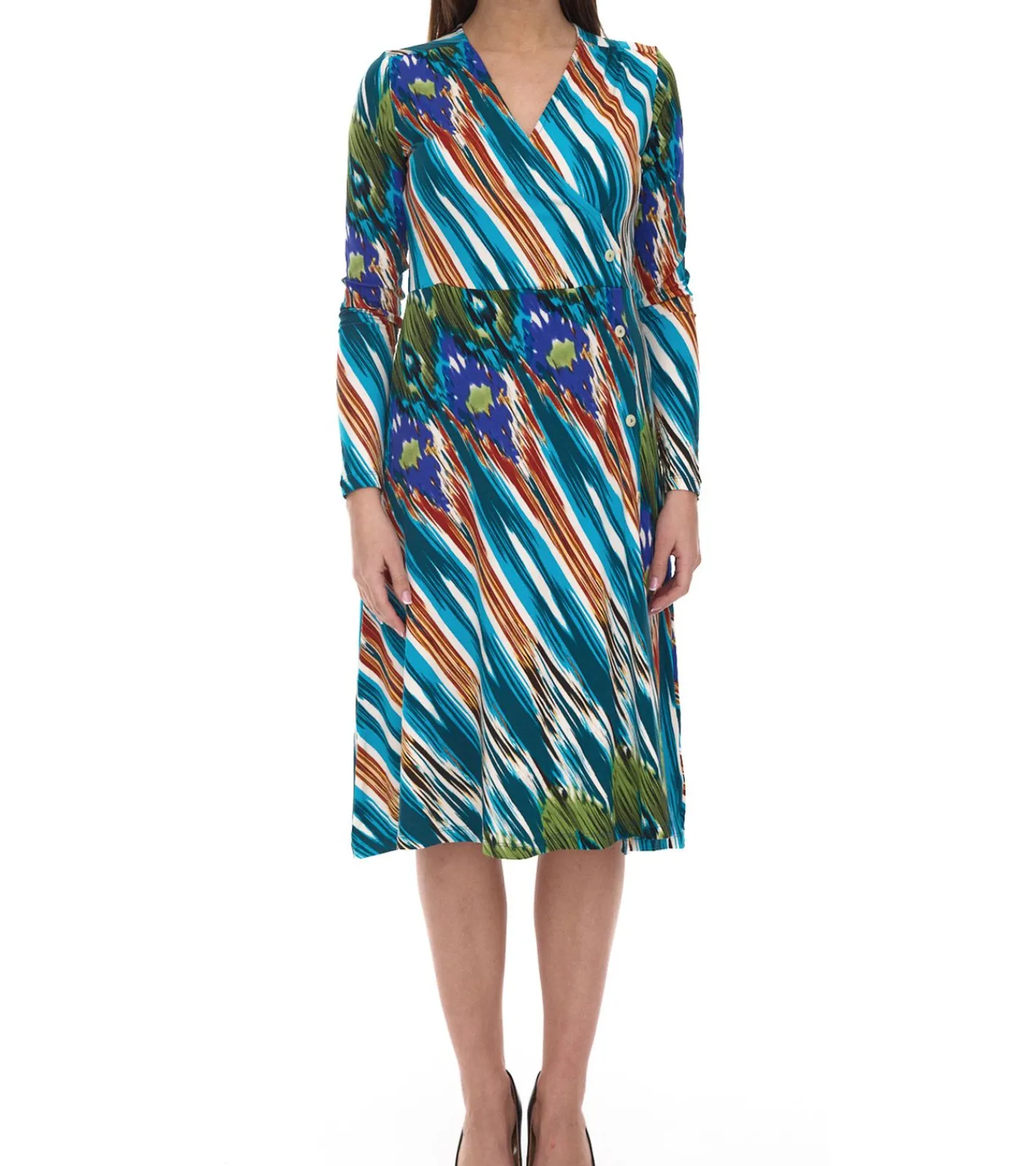 Kleider*Aniston CASUAL Damen Midi-Kleid bunt gemustertes Wickel-Kleid Langarm 75955239 Blau/Bunt