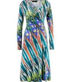 Kleider*Aniston CASUAL Damen Midi-Kleid bunt gemustertes Wickel-Kleid Langarm 75955239 Blau/Bunt