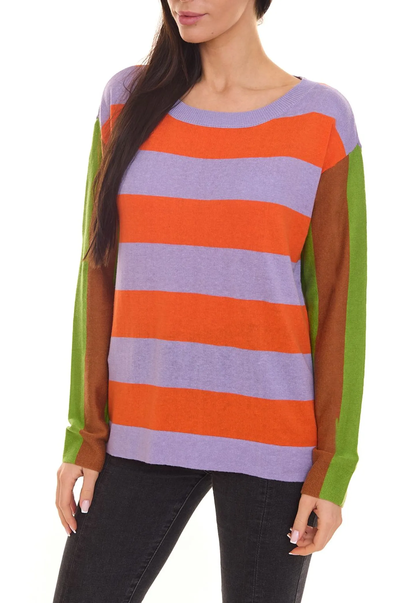 Sweater & Pullover*Aniston CASUAL Damen Pullover breit gestreifter Feinstrick-Sweater 71355125 Orange/Violett