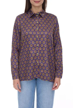 Poloshirts & Blusen*Aniston CASUAL Damen Sommer-Bluse Langarm-Bluse im Retro-Design Satin 91937160 Lila/Grün