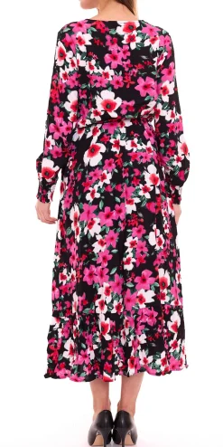 Kleider*Aniston CASUAL Damen Sommer-Kleid sommerliches Maxi-Kleid mit Blumendruck Langarm-Kleid 23866029 Rosa/Schwarz