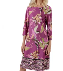 Kleider*Aniston CASUAL Damen Sommer-Kleid mit Blumen und Blätter Print Mini-Kleid Langarm-Kleid 75319669 Lila/Grün/Beige