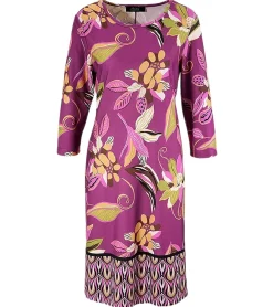 Kleider*Aniston CASUAL Damen Sommer-Kleid mit Blumen und Blätter Print Mini-Kleid Langarm-Kleid 75319669 Lila/Grün/Beige